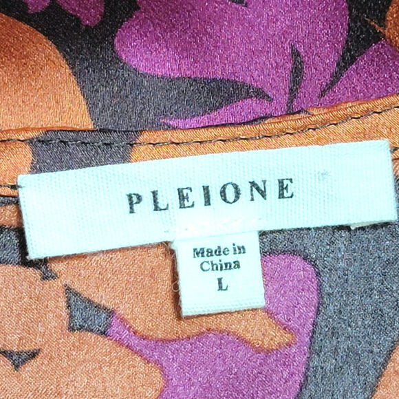 Pleione Floral Silky Blouse Scoop Neck Long Sleeve Purple Orange Black Top Large - Picture 11 of 13